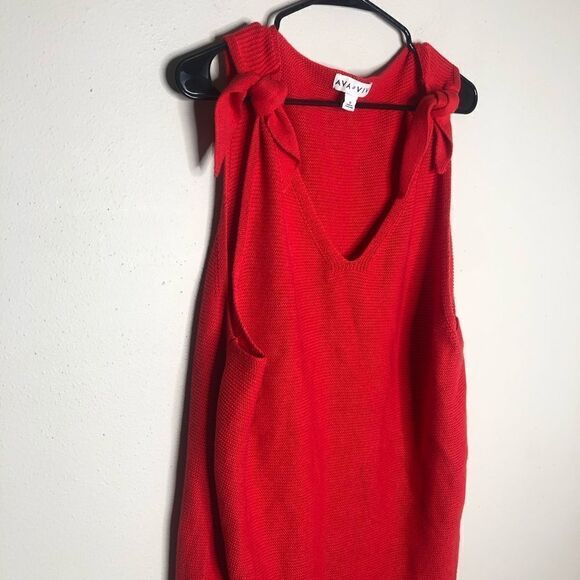 2/$30 Ava & Viv Cherry Red V-Neck Sweater Tie Shoulder Knit Tank - Picture 3 of 10